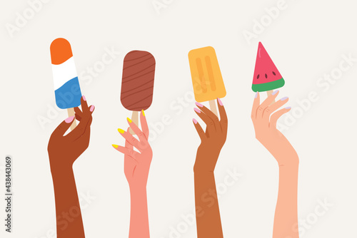 Set of female hands holding colored various ice creams. Summer time modern vector illustration in flat style