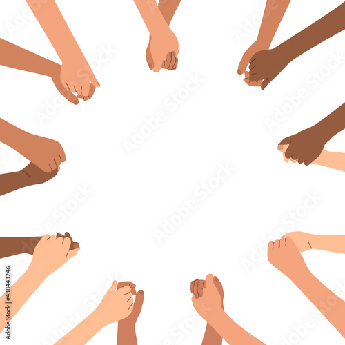 Diverse hands are holding each other in a circle. Day of International Friendship. Concept help and tolerance of multicultural people of different races. Vector illustration isolated on white
