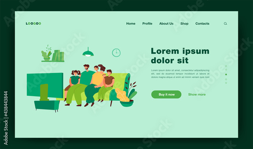 Cartoon family watching TV at home in living room together. Flat vector illustration. Happy man and woman with kids relaxing on couch, enjoying movie at home. Entertainment, technology, family concept