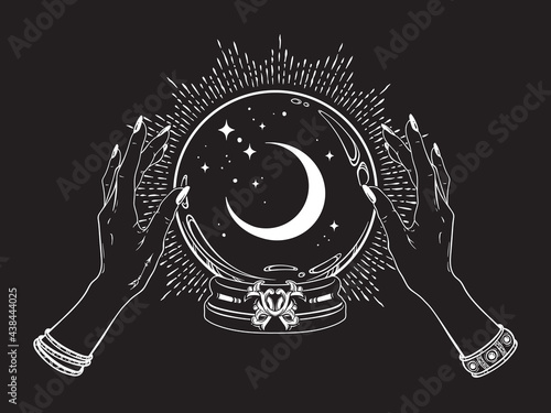 Magic crystal ball with crescent moon and stars in hands of fortune teller line art and dot work. Boho chic tattoo, poster or altar veil print design vector illustration