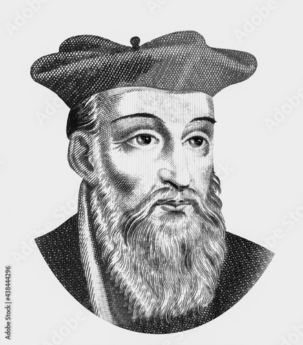 Nostradamus, was a French astrologer, physician and reputed seer, Portrait from Kamberra 100 francos 2020 Fantasy Banknotes. photo