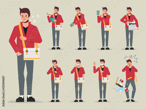Set of young delivery man worker pose.