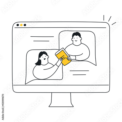 Online education, educational web seminar, and sharing book via chatting on the computer screen. Distant learning, guidance, sharing experience. Thin line yellow vector illustration on white.