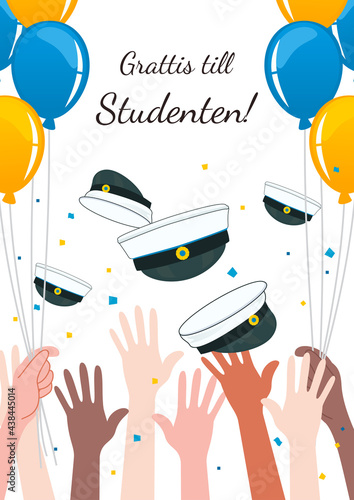 Hands throwing graduation cap in the air greeting card poster vector illustration. Swedish Translation: " Congratulations on graduation! "
