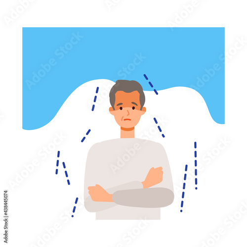 Elderly man shivering after getting his COVID-19 vaccine. Concept for side effects of coronavirus vaccine.