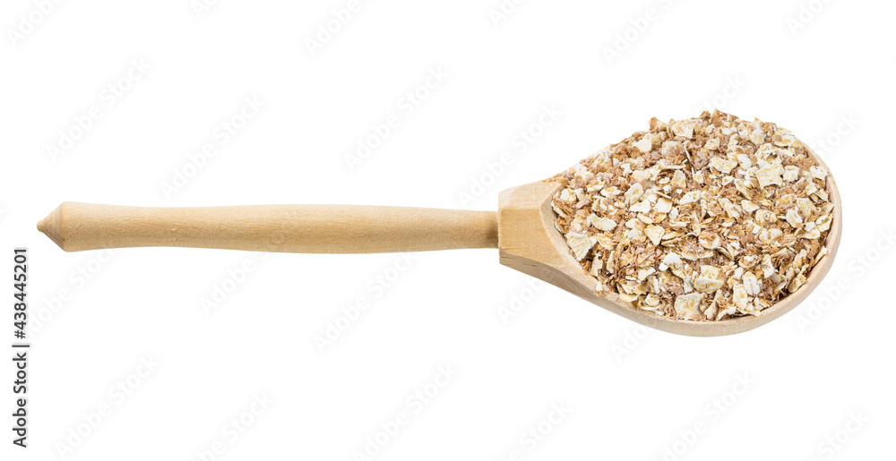 wood spoon with oat flakes with rye bran isolated wood spoon with oat flakes with rye bran isolated