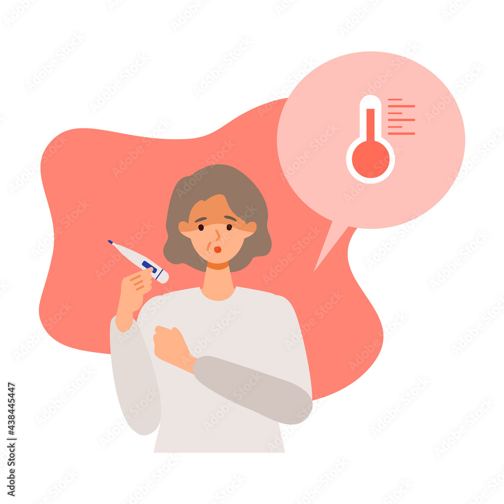 Elderly woman having fever after getting her COVID-19 vaccine. Concept for side effects of coronavirus vaccine. Elderly woman having fever after getting her COVID-19 vaccine. Concept for side effects of coronavirus vaccine.