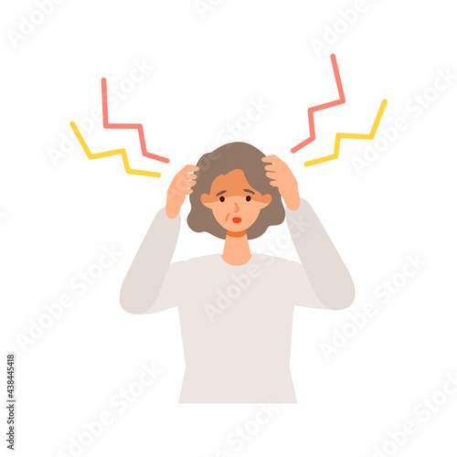 Elderly woman having headache after getting her COVID-19 vaccine. Concept for side effects of coronavirus vaccine.