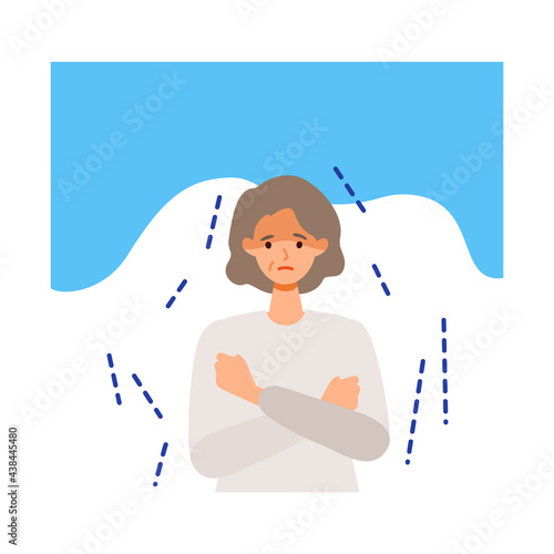 Elderly woman shivering after getting her COVID-19 vaccine. Concept for side effects of coronavirus vaccine. Flat vector illustration.