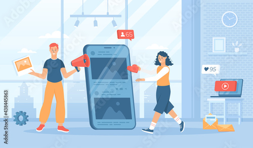 Social media strategy, internet advertising. Promoting products and services on social networks. Attracting new customers, followers, likes. Flat cartoon vector illustration with people characters.