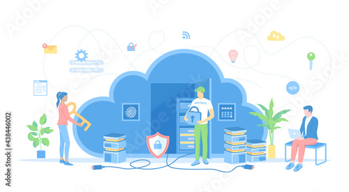 Cloud Security, Cloud Computing, Data Protecting. Security service protects cloud data storage. Teamwork communication. Vector illustration flat style.