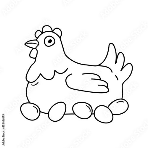 Cute hen sitting on her eggs. Hand drawn doodle vector illustration isolated on white background. Black and white line logo design for farming,aviculture business.
