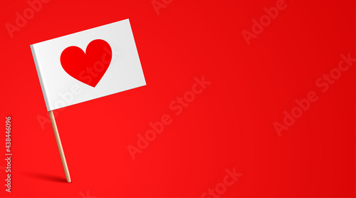 White little paper flag with heart icon, sticked on a red background. Romantic vector banner with copy space.