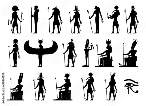 Silhouettes of the gods and goddesses of ancient Egypt: Ra, Ptah, Anubis, Khnum, Bastet, Thoth, Khepri, Sekhmet, Isis, Set, Min, Nut, Geb, Amon, Sebek, Hator, Horus. photo