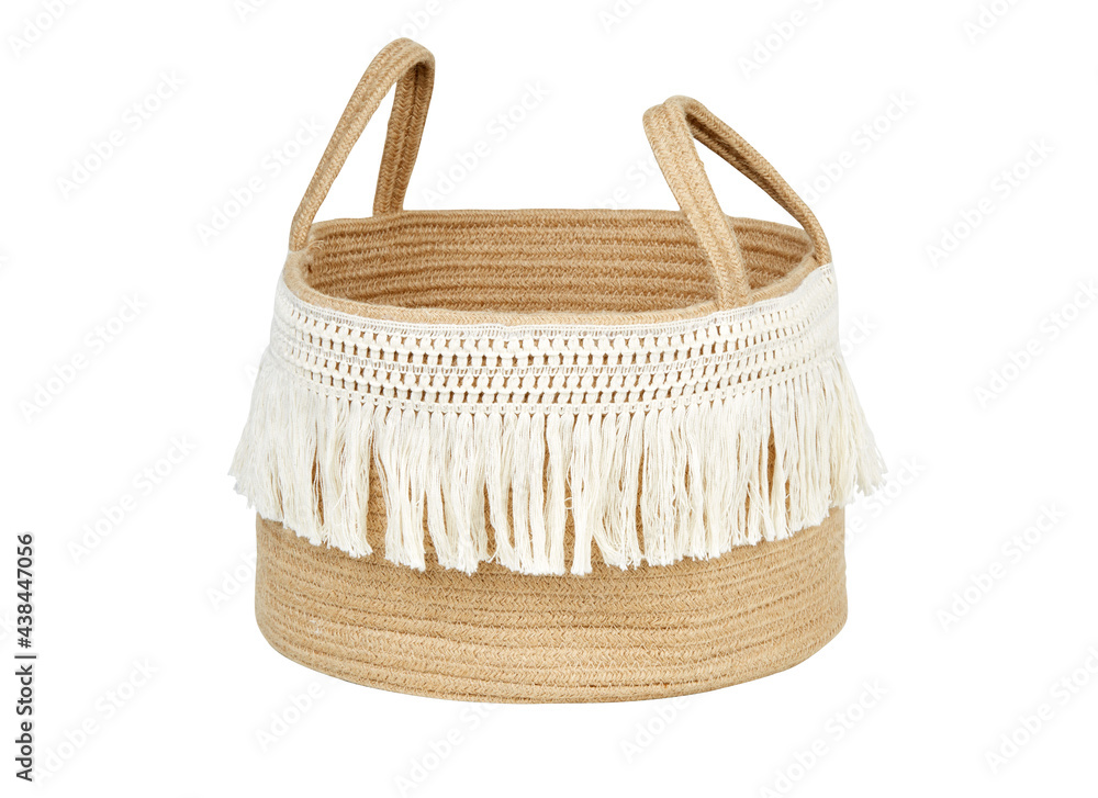 Woven basket with natural materials isolated on white background with ...