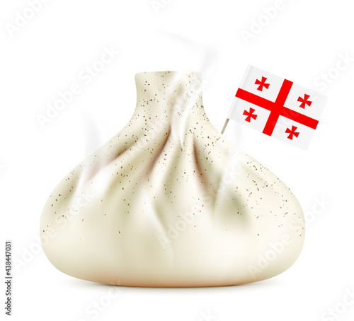 Khinkali with sticked flag of Georgia. Khinkali dumpling creative vector illustration, isolated on background.