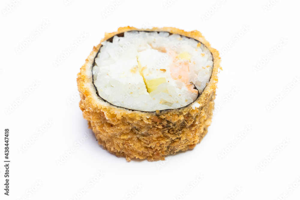 Philadelphia roll sushi with salmon, shrimps, avocado, cream cheese. Sushi menu. Japanese food..Sushi roll isolated on white close up Philadelphia roll sushi with salmon, shrimps, avocado, cream cheese. Sushi menu. Japanese food..Sushi roll isolated on white close up