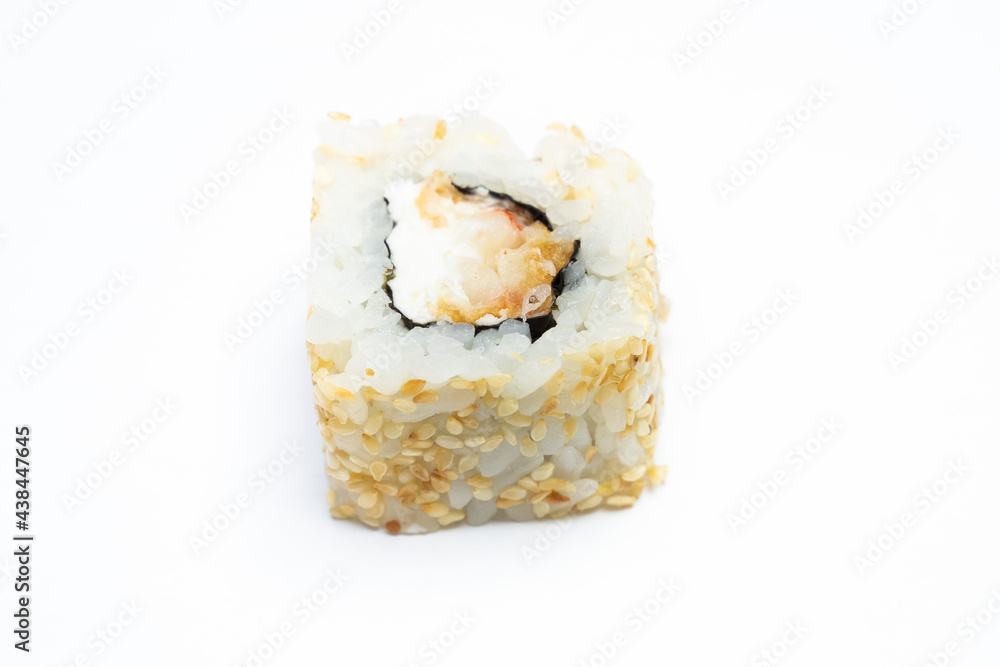 Philadelphia roll sushi with salmon, shrimps, avocado, cream cheese. Sushi menu. Japanese food..Sushi roll isolated on white close up Philadelphia roll sushi with salmon, shrimps, avocado, cream cheese. Sushi menu. Japanese food..Sushi roll isolated on white close up