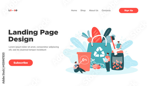 Big sustainable shopping bag and tiny people protecting environment, thinking of future. Cartoon persons using eco-friendly, organic and reusable packages. Recycle, reuse, zero waste concept