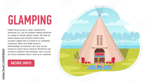 Glamping or Glamor camping. Modern comfortable tent with forest and clouds on background. Recreation in wild nature with facilities. Flat style concept banner, vacation and travel concept. Isolated on