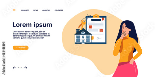 Landing page with woman is thinking about mortgage loan for buying new own house. The concept of mortgage. Vector illustration in flat and cartoon style
