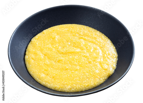 cooked cornmeal porridge in gray bowl isolated photo