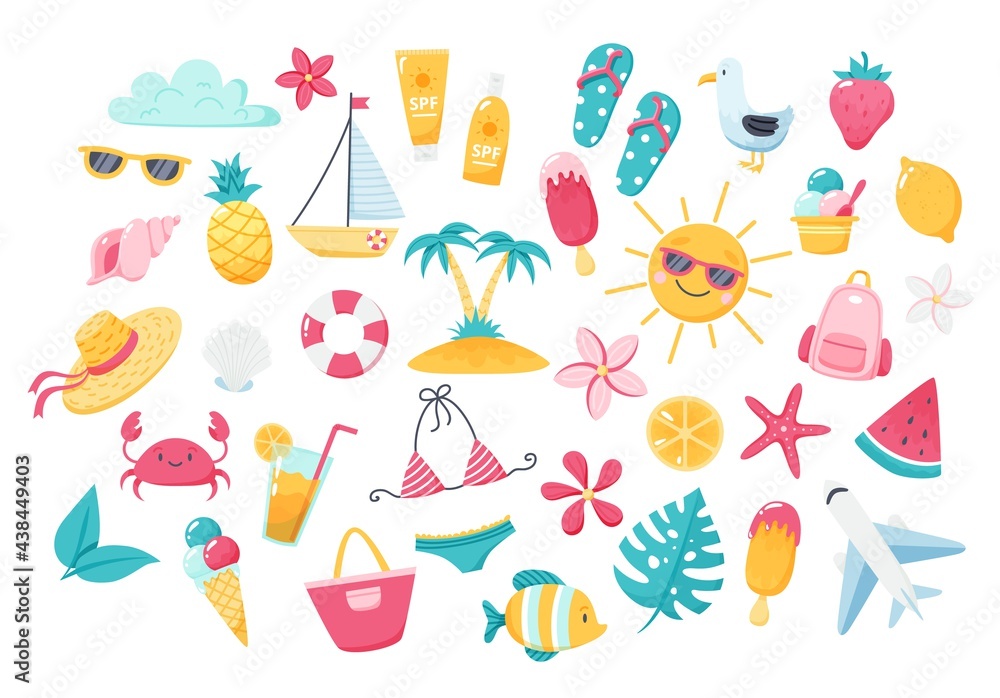Summer set with cute beach elements: bikini, flip flops, fruits, flowers, palm trees. Hand drawn flat cartoon elements. Vector illustration