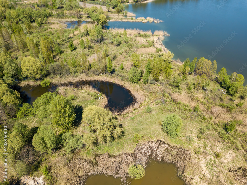 Lake in the forest in spring. Aerial drone view.