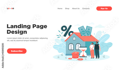 People buying home with mortgage loan flat vector illustration. Young couple paying credit to bank for being owners of private house property. Mortgage and rent concept for landing page or design