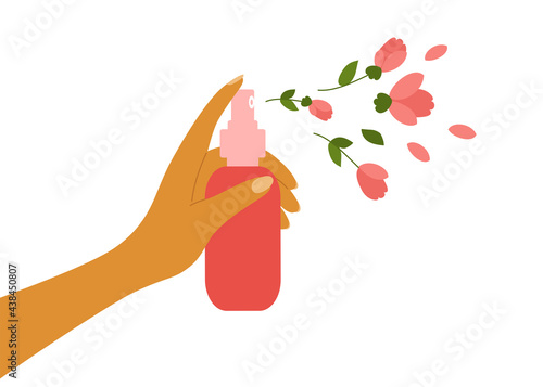 Rose water, flower hydrolat, perfume, natural cosmetics. Female hand holding aerosol dispenser spraying by petals, buds, leaves. Nature aroma fragrance. Body beauty care. Freshness vector illustration