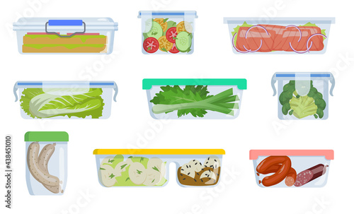 Different plastic containers with food vector illustrations set. Collection of lunch boxes with vegetables, sausages, sandwiches isolated on white background. Food, picnic, camping, traveling concept