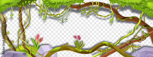 Jungle liana vector green frame, tropical vine branch illustration on transparent background. Paradise plant, green vegetation, exotic flower, stone, moss, tree trunk. Amazon rainforest liana frame