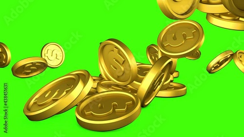 Gold coins on green screen. 3D Animation