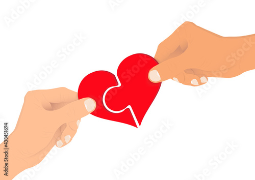 Hands connecting heart jigsaw pieces together, giving and sharing love concept vector illustration