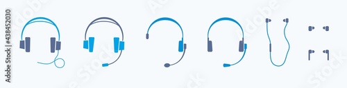Headphones, earbuds, earphones, headsets set.  Wired, wireless bluetooth. Ear monitor earbuds. Сall center, recording podcast, radio host, listening to music. Color flat isolated vector illustration. 