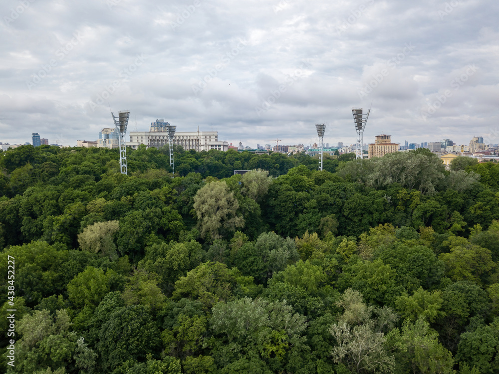 View of Kiev from behind the hill. Aerial drone view.