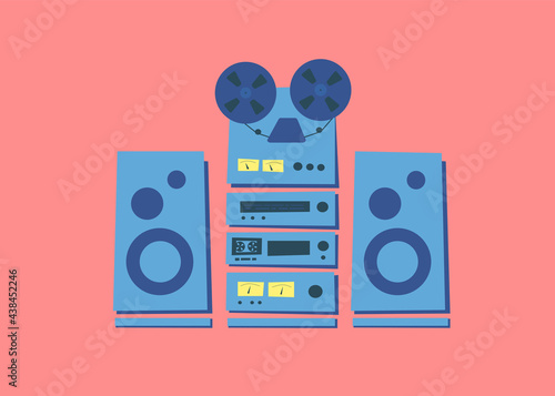 Vintage old stereo audio Hi-Fi system components in rack. Reel-to-reel tape recorder. Radio tuner. Tape cassette deck. Amplifier. Music electronics 70s, 80s. Colorful vector illustration flat Isolated