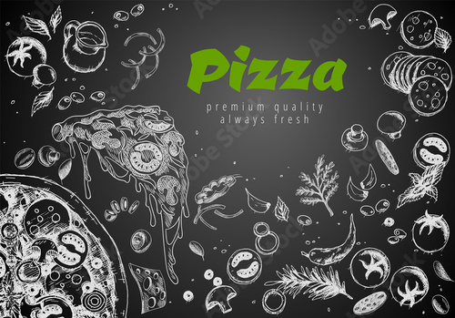 Hand drawn pizza line banner. Engraved style chalk doodle background. Savoury pizza ads with 3d illustration rich toppings dough. Tasty vector banner for cafe, restaurant or food delivery service