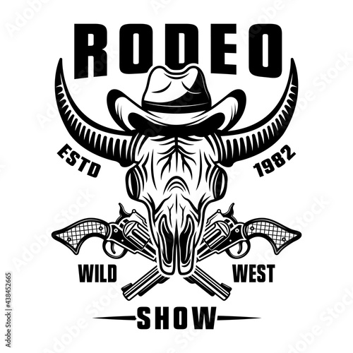 Buffalo skull in cowboy hat and crossed guns vector monochrome emblem, badge, label, logo or apparel design for rodeo show isolated on white background