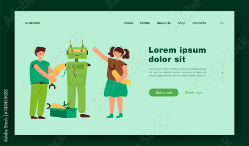 Happy children making robot for school project flat vector illustration. Cartoon students learning robotics with teacher. Engineering technology and education concept