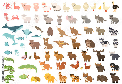 Cute isolated Forest, sea ocean, savannah, farm, zoo animals. Big set of vector pig koala whale cow bear lion tiger kangaroo quokka wolf horse giraffe hippo duck zebra crab elephant in flat style