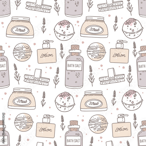 Vector seamless pattern in a hand-drawn style. Home spa treatments, bathing, relaxation, aromatherapy. Bath salt, bath bombs, scrub, lotion, dry massage brush. Lavender and abstract dots. Body care