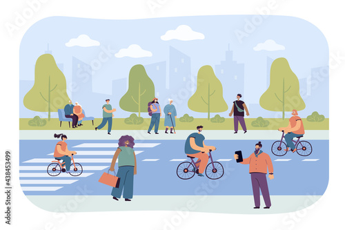 People in city street in summer. Cyclists riding bicycles, men walking flat vector illustration. Outdoor activity, healthy lifestyle, sports concept for banner, website design or landing web page