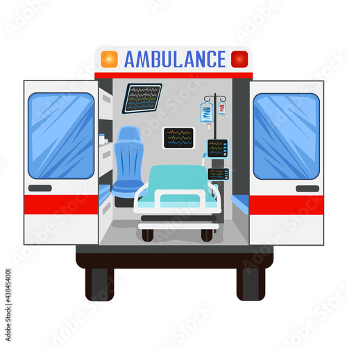 Rear view of an ambulance with open doors and medical equipment. Vector illustration of an ambulance car in cartoon style on a white background.