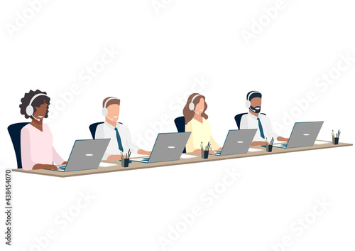 Men and women of different nationalities work at the call center. Business support and online sales. Vector illustration isolated on white background.