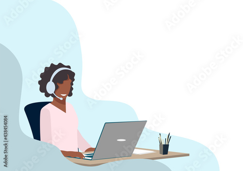 Beautiful black girl work at the call center. Business support and online sales. Vector horizontal illustration on an abstract background.