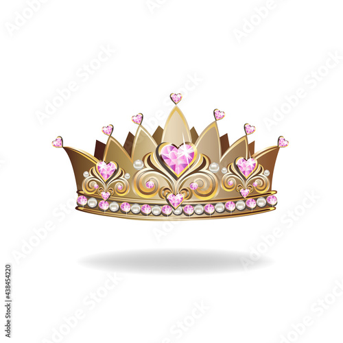 Princess crown or tiara with pearls and pink gems in the shape of a heart vector illustration isolated on white background.