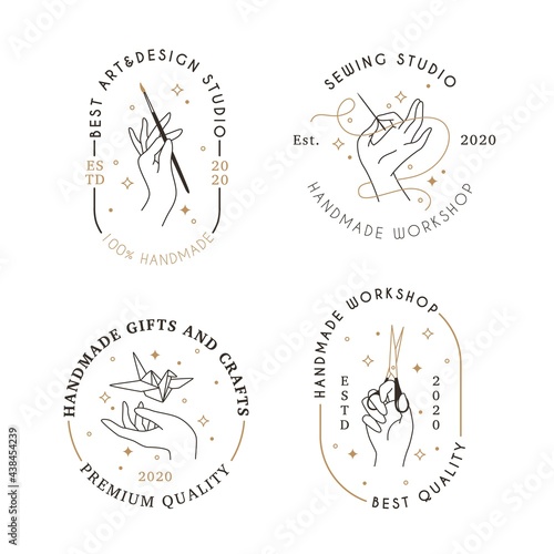 Workshop signs. Art design and sewing linear emblems, handmade gifts and crafts logo, minimalist hobbies and creativity black and gold badges, handiwork shop, hands holding tools vector set
