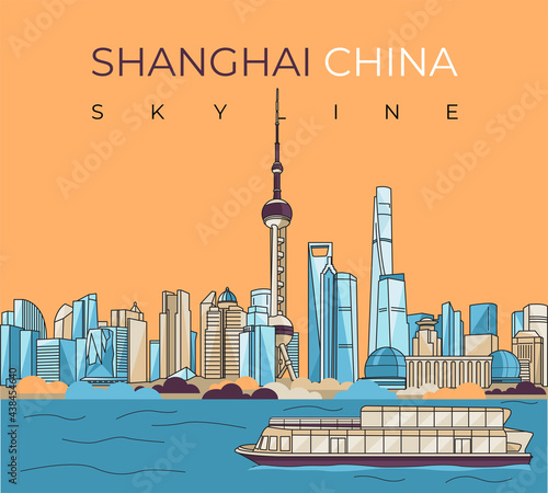 Photography Shanghai China skyline vector illustration.