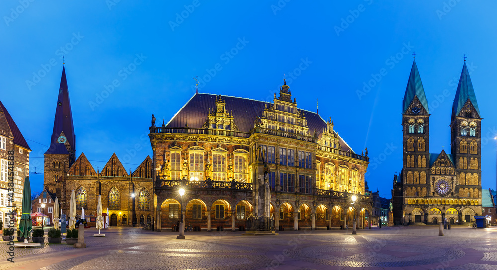 Bremen market square town hall Dom church Roland panoramic view in Germany at night blue hour